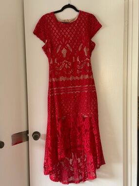 Red Lace Midi Dress - Women's Elegant Occasion Dress